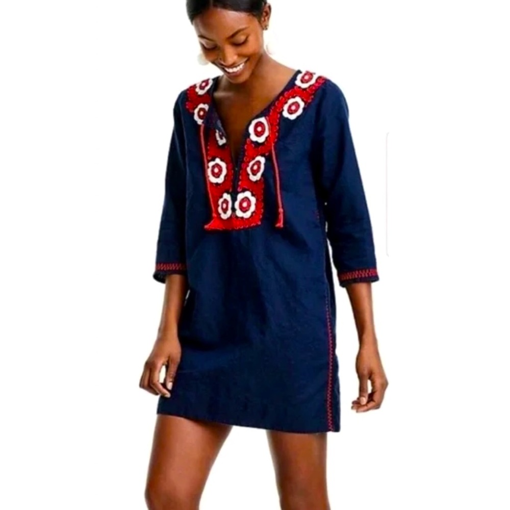 J. Crew Navy Blue & Red Embroidered Floral Beach Tunic Dress Coverup